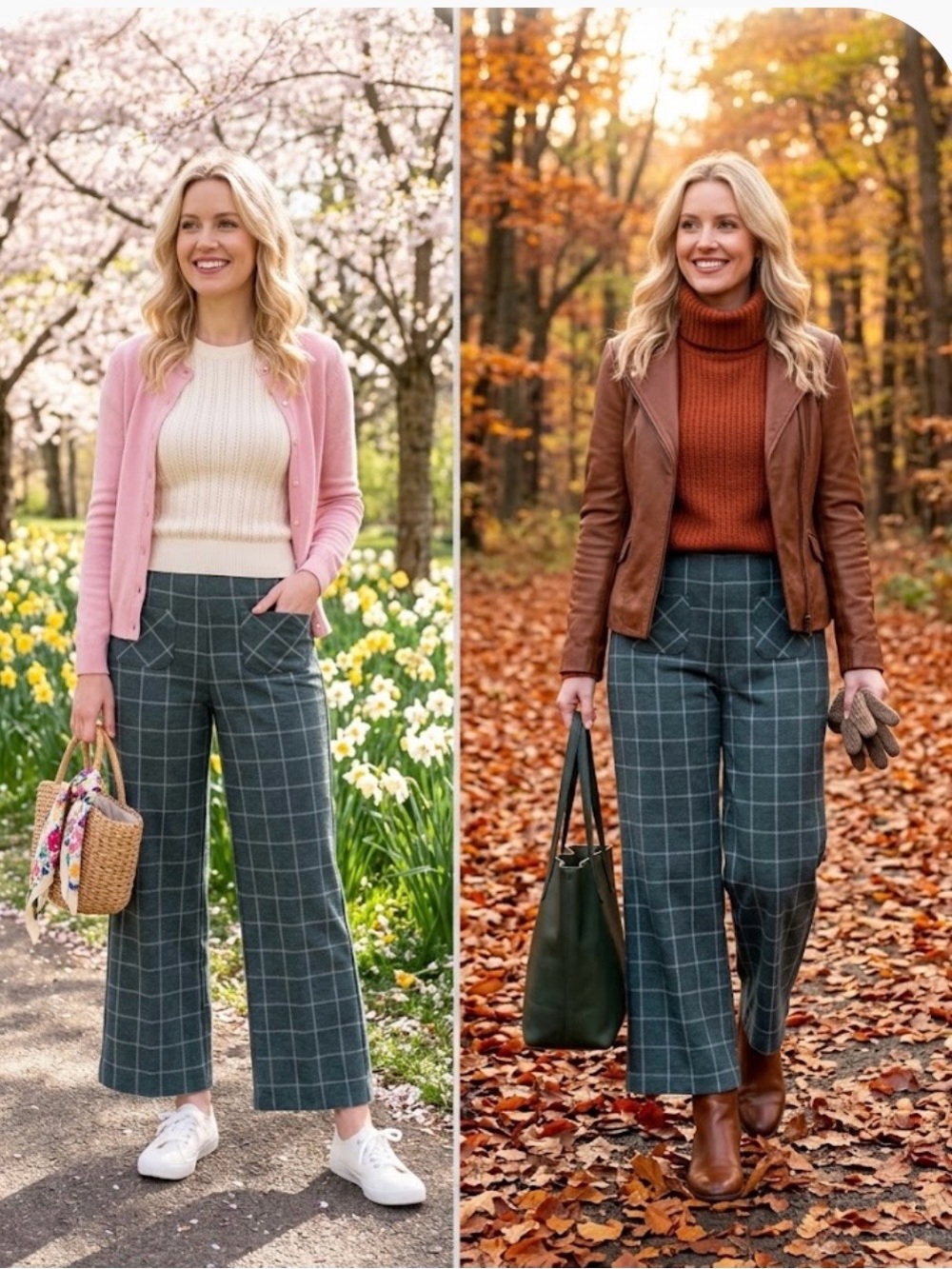 Windowpane Wide-Leg Crop Pants - Gray